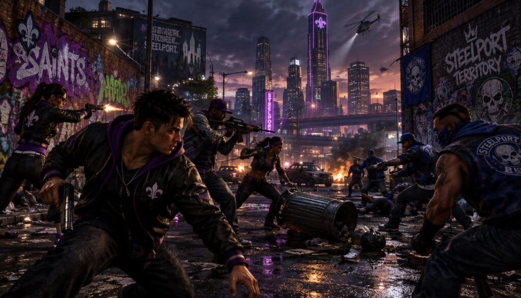 A dynamic scene depicting the Saints, a diverse group of vigilantes in urban street attire, engaging in a tense confrontation with Steelport gangs in a gritty city setting during a key story mission. In the foreground, the Saints display combat stances, displaying a mix of determination and grit, while the gang members are seen defending their territory with aggressive postures. The middle ground showcases chaotic urban elements like graffiti-covered walls and overturned trash cans, emphasizing the city's edge. The background features towering skyscrapers under a moody twilight sky, casting dramatic shadows. The lighting is dim with bursts of neon, adding a sense of urgency and tension. The mood is intense and action-packed, highlighting the struggle for control in a vibrant yet dangerous environment. A dynamic scene depicting the Saints, a diverse group of vigilantes in urban street attire, engaging in a tense confrontation with Steelport gangs in a gritty city setting during a key story mission. In the foreground, the Saints display combat stances, displaying a mix of determination and grit, while the gang members are seen defending their territory with aggressive postures. The middle ground showcases chaotic urban elements like graffiti-covered walls and overturned trash cans, emphasizing the city's edge. The background features towering skyscrapers under a moody twilight sky, casting dramatic shadows. The lighting is dim with bursts of neon, adding a sense of urgency and tension. The mood is intense and action-packed, highlighting the struggle for control in a vibrant yet dangerous environment.