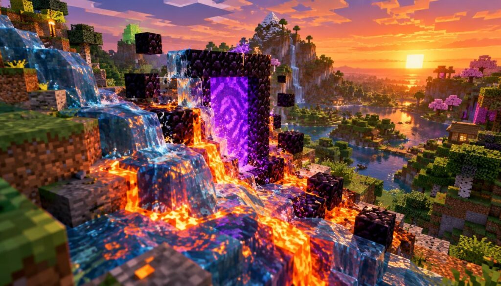 A dynamic scene depicting water sculpting lava into a striking Nether portal frame, situated in the foreground of a vibrant Minecraft landscape. The clear, flowing water cascades over the jagged lava rocks, creating glowing reflections in various hues of orange and blue. In the middle ground, the partially-formed Nether portal appears, shimmering with a mystical light, surrounded by chunks of obsidian. The background showcases a colorful Minecraft world filled with pixelated trees, hills, and blocks. The scene is illuminated by a dramatic sunset, casting warm, golden light that enhances the atmosphere, making it feel surreal and enchanted. Use a slightly elevated angle to capture both the intricate details and the expansive landscape, with a focus on the contrasting elements of water and fire. The mood is adventurous and magical, inviting the viewer into this unique Minecraft universe.