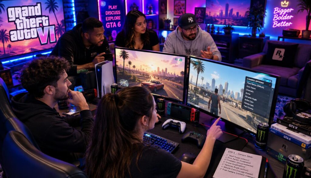 A dynamic scene featuring a diverse group of gamers, both male and female, thoughtfully discussing camera options for the anticipated GTA 6 launch gameplay. In the foreground, a couple of players sit at a modern gaming setup, wearing casual professional attire, with focused expressions as they interact with high-resolution screens displaying in-game footage. The middle ground should include gaming consoles and controllers, along with filled energy drink cans, suggesting a dedicated gaming marathon. In the background, an atmospheric gaming room illuminated by ambient LED lights creates an exciting vibe. The angle should be slightly above eye level for a comprehensive view, capturing the excitement and camaraderie of gamers eagerly engaging with upcoming gameplay features. The lighting should be vibrant yet balanced, enhancing the mood of anticipation and enthusiasm.