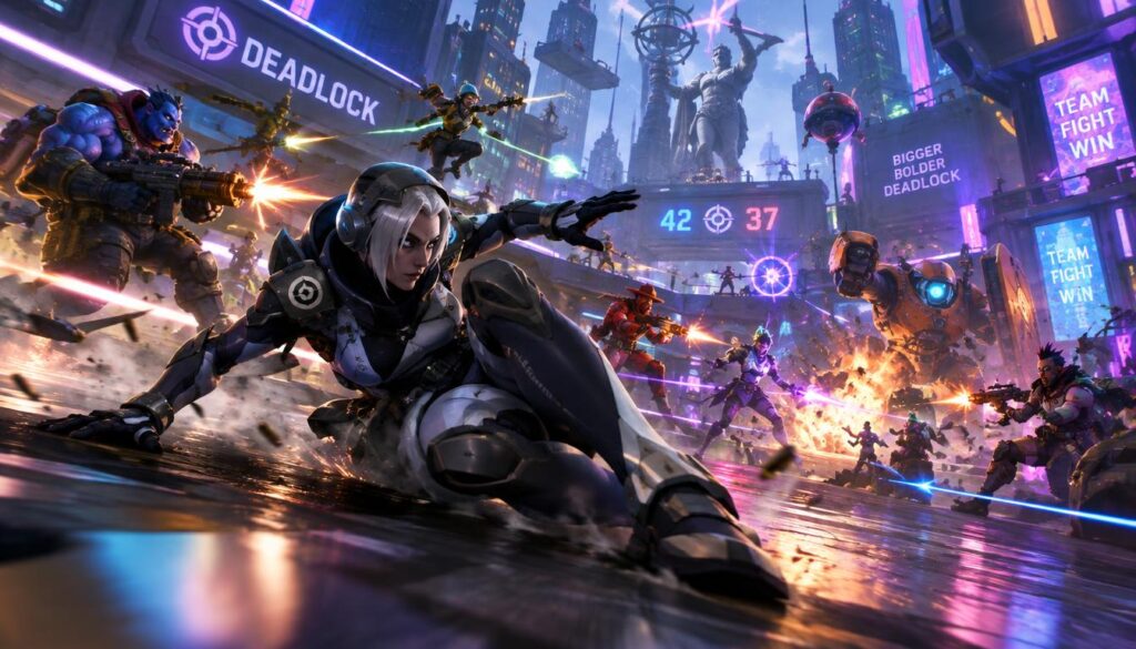 A dynamic scene featuring the Deadlock hero, a futuristic character clad in sleek, high-tech armor, skillfully sliding through a chaotic multiplayer fight. In the foreground, the hero is in an action pose, one knee bent and one arm extended as they evade incoming attacks. In the middle ground, various colorful gaming characters engage in fierce combat, showcasing diverse designs and weaponry; explosions and energy blasts add to the intensity. The background depicts a visually stunning arena with neon lights and digital landscapes, creating a vibrant atmosphere. The lighting is dramatic, with strong contrasts and colored glows highlighting the action, while a low-angle shot gives a sense of depth and excitement. The mood is thrilling and animated, capturing the essence of an exhilarating gaming experience.
