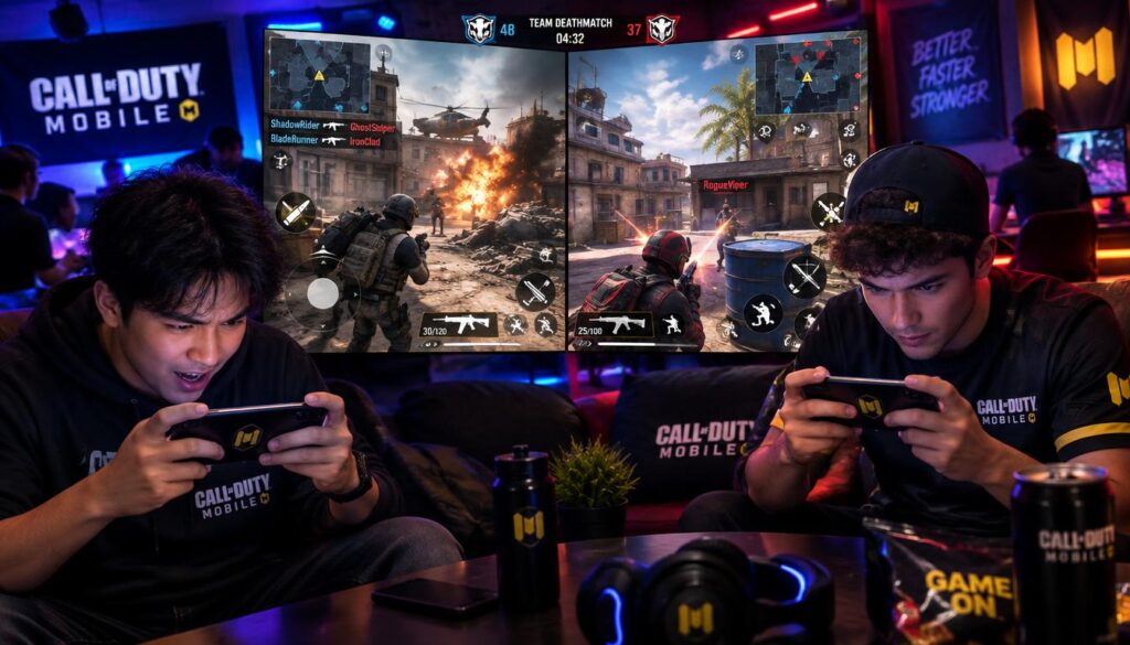 A dynamic scene of "Call of Duty Mobile" players in the heat of a multiplayer match. In the foreground, two players intensely focused on their smartphones, wearing casual gaming attire, showcasing expressions of concentration and excitement. The middle ground features a split-screen view showing their in-game avatars engaged in a battle, with vibrant graphics displaying explosions and strategic moves. In the background, a lively gaming environment with dim, ambient lighting and colorful LED lights illuminating the scene, creating an energetic atmosphere. The camera angle is slightly elevated, capturing the players' engagement and the competitive spirit of the match, emphasizing the immersion of mobile gaming.