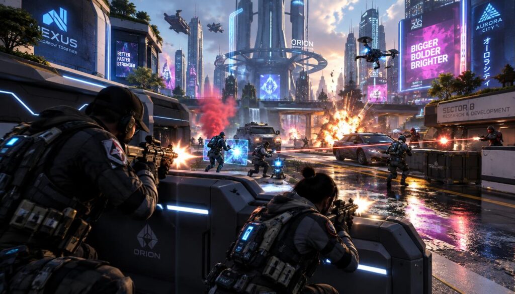 A dynamic scene showcasing a multiplayer team engaged in an exhilarating 6v6 battle on a futuristic new map. In the foreground, two players, dressed in modern tactical gear, are taking cover behind a sleek, high-tech structure, exchanging fire with opponents. The middle ground features additional players positioned strategically, utilizing advanced weaponry and gadgets, while explosions and flares illuminate the area. The background showcases a diverse urban landscape with towering buildings, scattered vehicles, and vibrant neon lights that add depth to the environment. The lighting is dramatic, with contrasting shadows and bright flashes from weapon discharge, evoking an intense, competitive atmosphere. The camera angle is slightly low, capturing the action and focusing on the adrenaline-fueled teamwork.