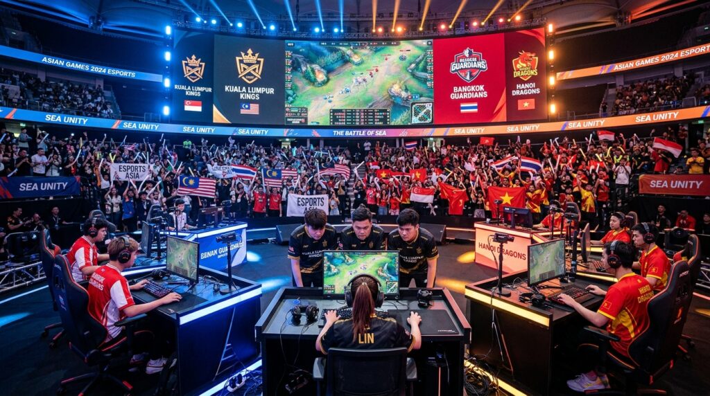 A dynamic scene showcasing esports teams from three Southeast Asian cities competing in a vibrant arena. In the foreground, a diverse group of professional gamers, dressed in sleek esports jerseys, intensely focused on their screens, representing their respective teams. The middle ground features colorful LED screens displaying game graphics and team logos, alongside cheering fans holding flags from their countries, creating an electric atmosphere. The background consists of a modern esports stadium filled with bright lights and large banners promoting the Asian Games. The lighting is dramatic, with colorful spotlights highlighting the competitors. The mood is one of excitement and competition, capturing the spirit of collaboration and skill in esports. A dynamic scene showcasing esports teams from three Southeast Asian cities competing in a vibrant arena. In the foreground, a diverse group of professional gamers, dressed in sleek esports jerseys, intensely focused on their screens, representing their respective teams. The middle ground features colorful LED screens displaying game graphics and team logos, alongside cheering fans holding flags from their countries, creating an electric atmosphere. The background consists of a modern esports stadium filled with bright lights and large banners promoting the Asian Games. The lighting is dramatic, with colorful spotlights highlighting the competitors. The mood is one of excitement and competition, capturing the spirit of collaboration and skill in esports.