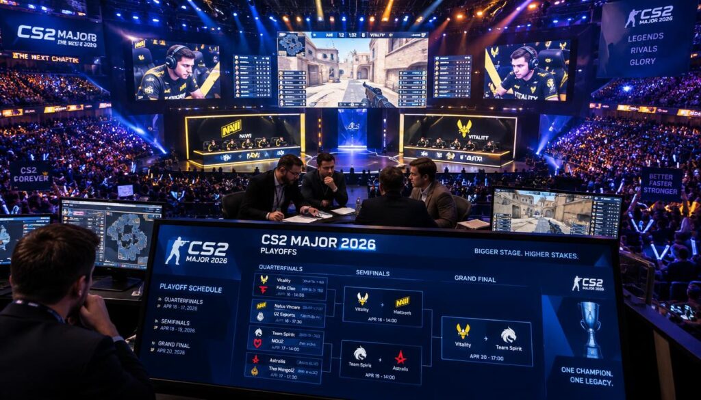 A dynamic sports event scene illustrating a CS2 Major 2026 playoff bracket. In the foreground, a modern digital scoreboard displays the tournament's schedule, with team logos vividly showcased. The middle ground features professional players in business casual attire, intensely analyzing strategies and discussing team matchups. They are surrounded by vibrant screens displaying live feeds and stats. The background includes a packed esports arena, illuminated with colorful lights and a cheering audience, creating an electrifying atmosphere. The lighting is bright and focused on the main action areas, enhancing the excitement of the event. The camera angle is slightly elevated, capturing the scale of both the competitive gameplay and the enthusiastic crowd. Overall, the mood is competitive and energetic, reflecting the spirit of esports.