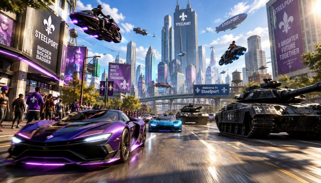 A dynamic urban scene set in Steelport, portraying a bustling street filled with a variety of vehicles. In the foreground, sleek cars with futuristic designs and vibrant colors zoom past, while heavily armored tanks showcase their imposing presence. Hover bikes gracefully glide above the street, emphasizing the city's innovative technology. The middle ground captures an eclectic mix of pedestrians, dressed in stylish, casual attire, observing the vehicles with excitement. In the background, the city's skyline features towering skyscrapers under a bright blue sky, with the warm sunlight casting dynamic shadows. The overall atmosphere is energetic and vibrant, conveying the thrill of a technologically advanced city. Use a wide-angle lens to capture the action and enhance the sense of movement, ensuring a high level of detail throughout. A dynamic urban scene set in Steelport, portraying a bustling street filled with a variety of vehicles. In the foreground, sleek cars with futuristic designs and vibrant colors zoom past, while heavily armored tanks showcase their imposing presence. Hover bikes gracefully glide above the street, emphasizing the city's innovative technology. The middle ground captures an eclectic mix of pedestrians, dressed in stylish, casual attire, observing the vehicles with excitement. In the background, the city's skyline features towering skyscrapers under a bright blue sky, with the warm sunlight casting dynamic shadows. The overall atmosphere is energetic and vibrant, conveying the thrill of a technologically advanced city. Use a wide-angle lens to capture the action and enhance the sense of movement, ensuring a high level of detail throughout.