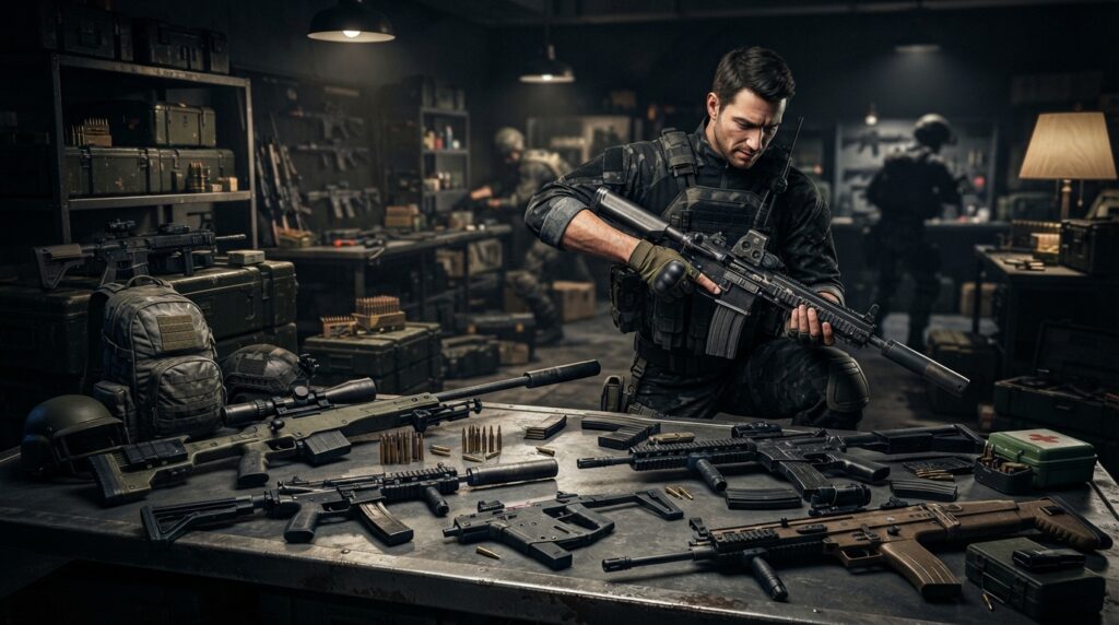 A dynamic, well-composed scene showcasing a variety of weapons from PUBG Mobile, arranged on a metallic table in the foreground. The weapons, including an M416, AWM, and UMP, are detailed with realistic textures and vibrant colors, reflecting the game's aesthetic. In the middle ground, a soldier in tactical gear, dressed modestly, inspects a weapon while surrounded by ammunition and gear, suggesting preparation for combat. The background features a blurred military environment with subtle hints of a battleground, evoking intensity and urgency. Illuminated by dramatic, focused lighting casting shadows, the atmosphere conveys a sense of strategy and readiness, perfect for players honing their skills. Ensure no text or logos are present.