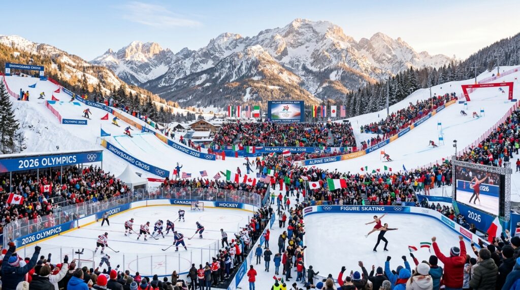 A dynamic winter sports scene showcasing the excitement of the 2026 Olympic program. In the foreground, a diverse group of athletes in professional winter sports gear compete in various events such as snowboarding, skiing, ice hockey, and figure skating, displaying intense focus and athleticism. The middle ground features a bustling Olympic stadium adorned with colorful banners and flags, filled with enthusiastic spectators cheering. In the background, snow-capped mountains glow under soft, natural sunlight, accentuating the winter atmosphere. Capture the energy and spirit of the games with a lively and competitive mood, using a high-angle shot to encompass the scale of the events happening. The overall image should evoke excitement and camaraderie within a vibrant winter backdrop.