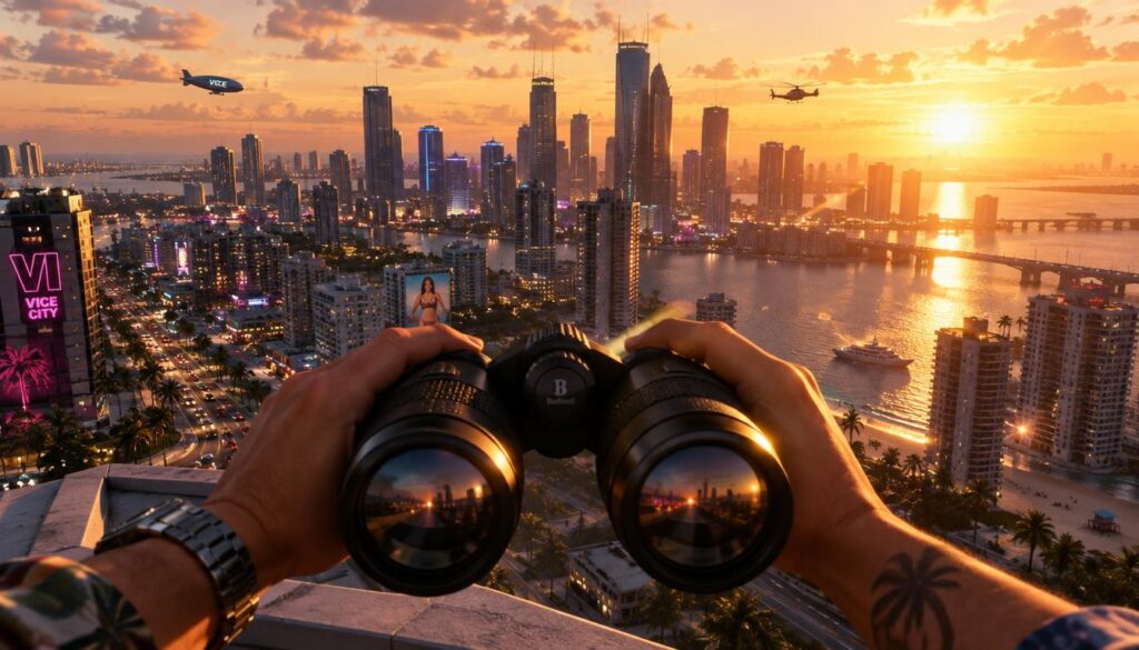 A first-person perspective view capturing the protagonist of GTA 6 using binoculars. The foreground features close-up details of the binoculars, reflecting light from the sun, with the character's hands gripping them firmly. The middle ground reveals a vibrant and sprawling cityscape typical of GTA, with skyscrapers, bustling streets, and a high-energy atmosphere. In the background, a setting sun casts warm, golden rays, enhancing the scene's dramatic feel. Soft shadows and slight lens flare effects create depth, while the overall mood conveys a sense of adventure and exploration, inviting viewers to immerse themselves in the gaming experience. The character is dressed in stylish, casual attire suitable for an urban environment.
