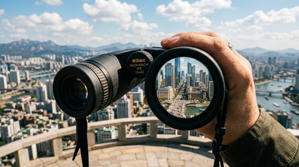 A first-person perspective view of a protagonist intently using binoculars, gazing out over a sprawling urban landscape. The foreground features the hand of the protagonist gripping the binoculars, with a focus on the detailed textures of the grip and the binocular lenses reflecting the light. In the middle ground, the vibrant city skyline of a fictional metropolis unfolds, showcasing a mix of modern skyscrapers and classic architecture under a bright blue sky dotted with fluffy white clouds. The background hints at distant mountains, creating depth. The scene is illuminated by warm midday sunlight, casting soft shadows, enhancing a sense of adventure and curiosity in the atmosphere. The overall mood is one of exploration and anticipation, reflecting the thrill of discovering new horizons. A first-person perspective view of a protagonist intently using binoculars, gazing out over a sprawling urban landscape. The foreground features the hand of the protagonist gripping the binoculars, with a focus on the detailed textures of the grip and the binocular lenses reflecting the light. In the middle ground, the vibrant city skyline of a fictional metropolis unfolds, showcasing a mix of modern skyscrapers and classic architecture under a bright blue sky dotted with fluffy white clouds. The background hints at distant mountains, creating depth. The scene is illuminated by warm midday sunlight, casting soft shadows, enhancing a sense of adventure and curiosity in the atmosphere. The overall mood is one of exploration and anticipation, reflecting the thrill of discovering new horizons.