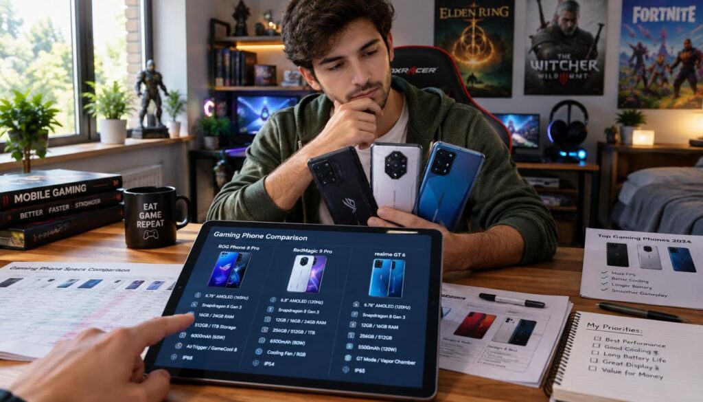 A focused buyer, dressed in casual but neat clothing, sits at a wooden desk cluttered with gaming phones and comparison charts. The foreground features a hand pointing to key specifications on a sleek tablet displaying side-by-side comparisons of gaming phone features. In the middle, the buyer examines a selection of three vibrant gaming phones, each showcasing their unique designs and colors, while natural light streams in from a nearby window, illuminating the scene. The background subtly hints at a cozy gaming setup, featuring a gaming chair and posters of popular video games. The mood is one of thoughtful decision-making, with an atmosphere that blends excitement and focus, creating a compelling visual narrative centered on the buying experience.