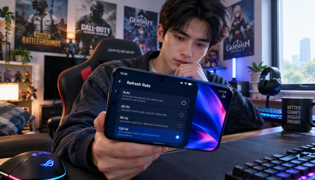 A focused gamer, dressed in casual yet tidy attire, sits in front of a sleek gaming phone, intently checking the refresh rate settings before diving into a high-stakes game. The foreground highlights the phone’s vibrant display showcasing the refresh rate menu. In the middle ground, a stylish gaming chair and a desk adorned with gaming gear exude a modern aesthetic. The background features a softly lit room with ambient lighting, casting a tech-savvy atmosphere, complete with posters of popular games. The image is captured at a slight angle, emphasizing the gamer’s concentration and the phone’s advanced features. Natural daylight filters in from a window, creating a balanced, inviting mood that echoes excitement and anticipation.