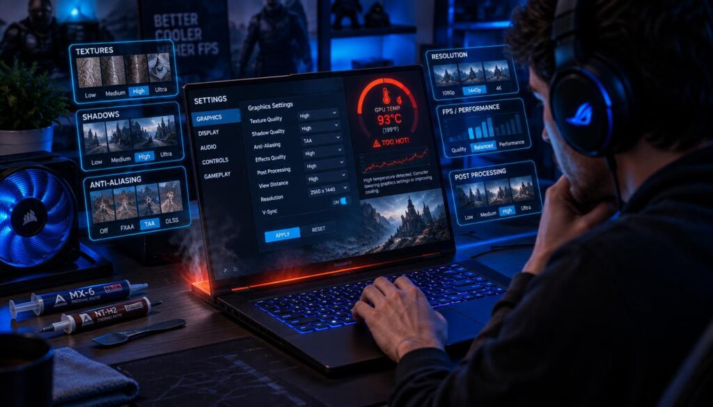 A focused gamer sits at a sleek, modern gaming laptop on a tidy desk, intently adjusting in-game graphics settings. The laptop emits a faint glow, indicative of overheating, with a visible temperature gauge on the screen showing high levels. Surrounding the laptop, colorful visual elements illustrate the different graphics settings like textures, shadows, and resolution options. In the background, a cooling fan and thermal paste tubes hint at hardware solutions. The ambient lighting is dim yet vibrant, highlighting the gamer’s concentration while a soft blue light subtly illuminates the workspace. The angle captures the gamer’s perspective, emphasizing the urgency of optimizing settings to prevent overheating, creating a high-tech, immersive atmosphere.