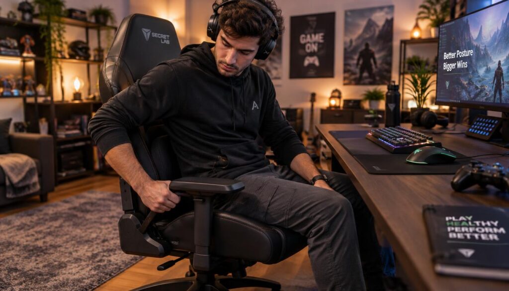 A focused gamer sitting at a modern gaming desk, adjusting their posture and checking leg pressure while playing on a high-end gaming chair. In the foreground, a close-up of the gamer, dressed in a casual yet professional outfit, reflects concentration as they analyze their seating position. The middle ground showcases the ergonomically designed gaming chair, featuring adjustable armrests and lumbar support, with the desk cluttered with gaming peripherals. The background fades into a soft, inviting home office setting, with warm ambient lighting and subtle gaming-themed decor. The atmosphere is one of relaxation mixed with determination, highlighting the importance of proper ergonomics in gaming. The image should be captured at a slight angle, providing depth and focus on both the gamer and the chair. A focused gamer sitting at a modern gaming desk, adjusting their posture and checking leg pressure while playing on a high-end gaming chair. In the foreground, a close-up of the gamer, dressed in a casual yet professional outfit, reflects concentration as they analyze their seating position. The middle ground showcases the ergonomically designed gaming chair, featuring adjustable armrests and lumbar support, with the desk cluttered with gaming peripherals. The background fades into a soft, inviting home office setting, with warm ambient lighting and subtle gaming-themed decor. The atmosphere is one of relaxation mixed with determination, highlighting the importance of proper ergonomics in gaming. The image should be captured at a slight angle, providing depth and focus on both the gamer and the chair.