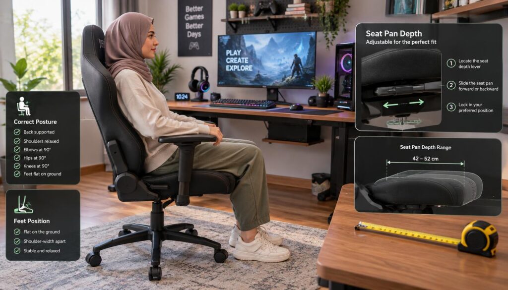 A focused scene featuring a gaming desk in a well-lit room, showcasing the correct seat pan depth and feet position of an ergonomic gaming chair. In the foreground, a person in modest casual clothing sits in the chair, their legs positioned comfortably with feet flat on the ground, demonstrating proper posture. The middle layer displays the chair’s adjustable features, highlighting the seat pan depth mechanism, while a measuring tape lies beside it to emphasize precision. In the background, a sleek gaming setup with a monitor and gaming accessories adds depth to the scene. Soft, natural lighting filters through a nearby window, creating a welcoming atmosphere. The camera angle is slightly elevated, capturing the setting from a dynamic perspective. A focused scene featuring a gaming desk in a well-lit room, showcasing the correct seat pan depth and feet position of an ergonomic gaming chair. In the foreground, a person in modest casual clothing sits in the chair, their legs positioned comfortably with feet flat on the ground, demonstrating proper posture. The middle layer displays the chair’s adjustable features, highlighting the seat pan depth mechanism, while a measuring tape lies beside it to emphasize precision. In the background, a sleek gaming setup with a monitor and gaming accessories adds depth to the scene. Soft, natural lighting filters through a nearby window, creating a welcoming atmosphere. The camera angle is slightly elevated, capturing the setting from a dynamic perspective.