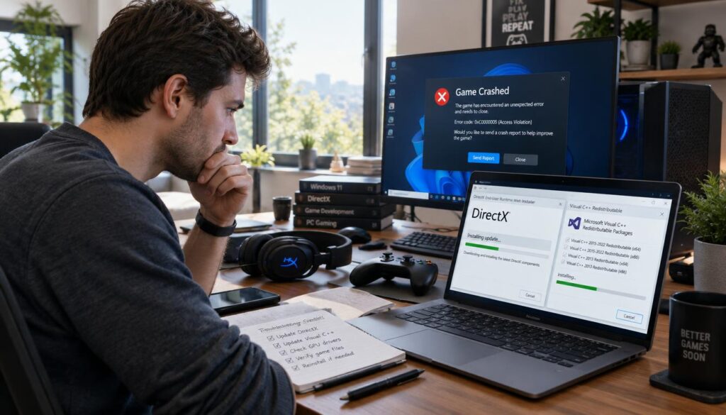 A focused scene inside a modern home office, featuring a sleek desktop PC prominently displaying an error message related to game crashes on Windows 11. In the foreground, a thoughtful professional in smart casual attire is seated at a wooden desk, intently examining a laptop screen showing the DirectX and Visual C++ update windows. The middle ground showcases various tech tools and accessories, including a headset and game controller scattered around. In the background, a window lets in natural daylight, illuminating the workspace and creating a calm atmosphere. Soft lighting enhances the sense of urgency, while the angle captures the determination on the individual's face, reflecting the troubleshooting theme. The overall ambiance is one of a productive problem-solving environment. A focused scene inside a modern home office, featuring a sleek desktop PC prominently displaying an error message related to game crashes on Windows 11. In the foreground, a thoughtful professional in smart casual attire is seated at a wooden desk, intently examining a laptop screen showing the DirectX and Visual C++ update windows. The middle ground showcases various tech tools and accessories, including a headset and game controller scattered around. In the background, a window lets in natural daylight, illuminating the workspace and creating a calm atmosphere. Soft lighting enhances the sense of urgency, while the angle captures the determination on the individual's face, reflecting the troubleshooting theme. The overall ambiance is one of a productive problem-solving environment.
