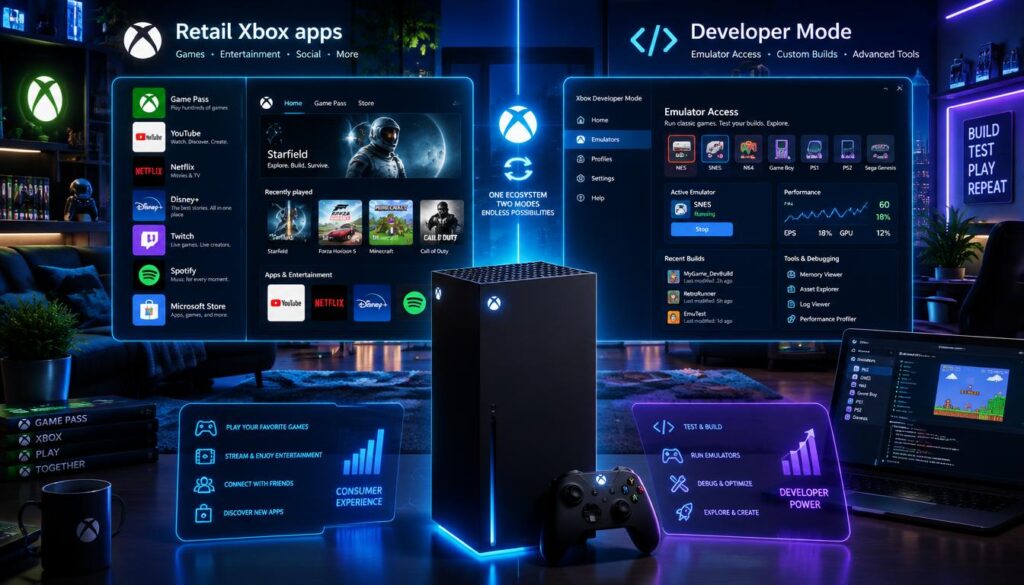 A futuristic digital comparison scene showcasing "Retail Xbox apps" on one side and "Developer Mode emulator access" on the other. In the foreground, a sleek Xbox Series X is prominently displayed, illuminated by soft blue LEDs, with interface overlays representing various retail apps and emulator screens. In the middle ground, a virtual split-screen demonstrates the Xbox interface transitioning seamlessly between retail and development modes, highlighted by glowing icons and dynamic graphs. The background features a modern gaming room setting with ambient neon lighting, echoing a tech-savvy atmosphere. The overall mood is innovative and engaging, aiming to illustrate the synergy between consumer-facing and developer tools in a vibrant, interactive way.