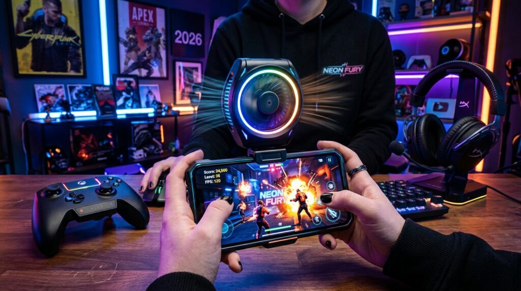 A futuristic gaming setup showcasing a vibrant, high-performance smartphone being actively cooled by a sleek, modern clip-on fan. In the foreground, the phone displays an intense gaming scene with vivid graphics. The fan is positioned above it, gently blowing air directly onto the device, creating a sense of motion and efficiency. In the middle ground, gaming accessories like a professional game controller and a Bluetooth headset add to the immersive experience. The background features a stylish gaming environment with LED lighting illuminating the space, casting colorful reflections. The lighting is dynamic, accentuating the glossy surfaces of the phone and the fan. The atmosphere is energetic yet focused, capturing the essence of a serious gaming session in 2026. A futuristic gaming setup showcasing a vibrant, high-performance smartphone being actively cooled by a sleek, modern clip-on fan. In the foreground, the phone displays an intense gaming scene with vivid graphics. The fan is positioned above it, gently blowing air directly onto the device, creating a sense of motion and efficiency. In the middle ground, gaming accessories like a professional game controller and a Bluetooth headset add to the immersive experience. The background features a stylish gaming environment with LED lighting illuminating the space, casting colorful reflections. The lighting is dynamic, accentuating the glossy surfaces of the phone and the fan. The atmosphere is energetic yet focused, capturing the essence of a serious gaming session in 2026.