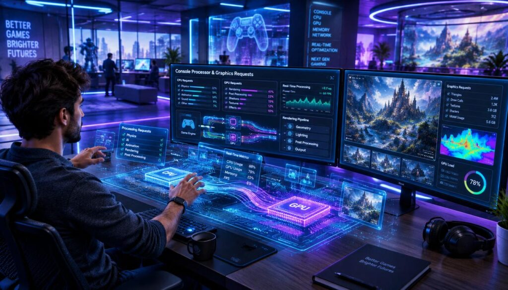A futuristic workstation showcasing PC software managing console processor and graphics requests, highlighted by a sleek computer setup with dual monitors displaying intricate graphical data. In the foreground, a focused professional in smart casual attire is interacting with holographic interfaces, visibly engaged in the software's dynamic features. The middle layer reveals glowing circuitry and graphical representations of data flow, emphasizing real-time processing. The background features a high-tech environment, with soft blue and purple ambient lighting casting an ethereal glow over the scene. Use a wide-angle lens for a captivating perspective, capturing the depth and complexity of technology. The overall mood is one of innovation and advancement, reflecting the cutting-edge nature of gaming technology.