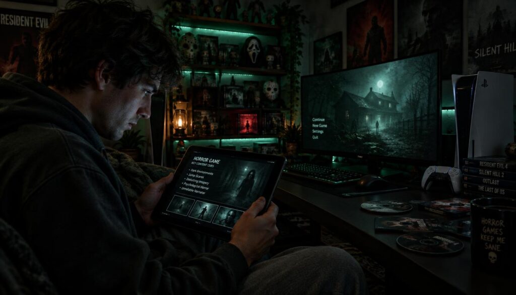 A game player intently checks a tablet displaying horror game content cues, deep in focus, surrounded by dim lighting that casts eerie shadows in a cozy gaming room. In the foreground, the player is dressed in casual attire, with a slight look of concentration on their face. The middle of the scene features a gaming setup, including a high-end monitor, gaming console, and scattered game discs, adding to the ambience. In the background, shelves filled with horror game memorabilia and soft glowing LED lights create a surreal atmosphere, enhancing the mood of anticipation and excitement. The color palette comprises deep blacks and muted greens to evoke a sense of suspense, highlighting the player's engagement in the spooky world of horror gaming.