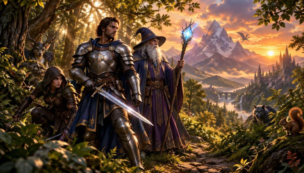 A group of classic RPG characters stands poised on a vibrant forest path, embarking on a story-led adventure. In the foreground, a brave knight in polished armor wields a shining sword, beside a wise mage adorned in flowing robes, holding a glowing staff. A nimble rogue in sleek leather gear crouches at the side, surveying the surroundings. The middle ground features lush greenery, ancient trees, and fantasy creatures peeking from behind foliage, adding life to the scene. In the background, majestic mountains rise under a dramatic sunset sky, casting warm, golden hues and deep shadows. Soft dappled light filters through the treetops, creating an enchanting atmosphere of mystery and anticipation. The scene captures the spirit of adventure, with a sense of camaraderie among the characters. A group of classic RPG characters stands poised on a vibrant forest path, embarking on a story-led adventure. In the foreground, a brave knight in polished armor wields a shining sword, beside a wise mage adorned in flowing robes, holding a glowing staff. A nimble rogue in sleek leather gear crouches at the side, surveying the surroundings. The middle ground features lush greenery, ancient trees, and fantasy creatures peeking from behind foliage, adding life to the scene. In the background, majestic mountains rise under a dramatic sunset sky, casting warm, golden hues and deep shadows. Soft dappled light filters through the treetops, creating an enchanting atmosphere of mystery and anticipation. The scene captures the spirit of adventure, with a sense of camaraderie among the characters.