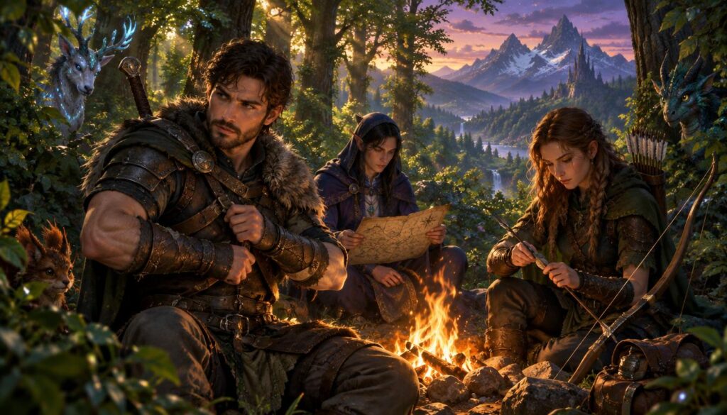 A group of diverse adventurers, including a rugged warrior, a skilled archer, and a clever mage, gathers around a flickering campfire in a lush, vibrant woodland of Aesoland. In the foreground, the central warrior tightens his leather armor, while the archer sharpens her arrows. The mage studies an ancient map under the soft glow of the firelight, their expressions a mix of anticipation and determination. Surrounding them are mystical creatures peeking through the foliage, hinting at the adventure ahead. The middle ground features towering trees with dappled sunlight filtering through the leaves, creating a magical and inviting atmosphere. In the background, distant mountains loom under a twilight sky, adding depth and a sense of mystery. The scene captures the spirit of camaraderie and excitement in preparation for an epic hunt. A group of diverse adventurers, including a rugged warrior, a skilled archer, and a clever mage, gathers around a flickering campfire in a lush, vibrant woodland of Aesoland. In the foreground, the central warrior tightens his leather armor, while the archer sharpens her arrows. The mage studies an ancient map under the soft glow of the firelight, their expressions a mix of anticipation and determination. Surrounding them are mystical creatures peeking through the foliage, hinting at the adventure ahead. The middle ground features towering trees with dappled sunlight filtering through the leaves, creating a magical and inviting atmosphere. In the background, distant mountains loom under a twilight sky, adding depth and a sense of mystery. The scene captures the spirit of camaraderie and excitement in preparation for an epic hunt.