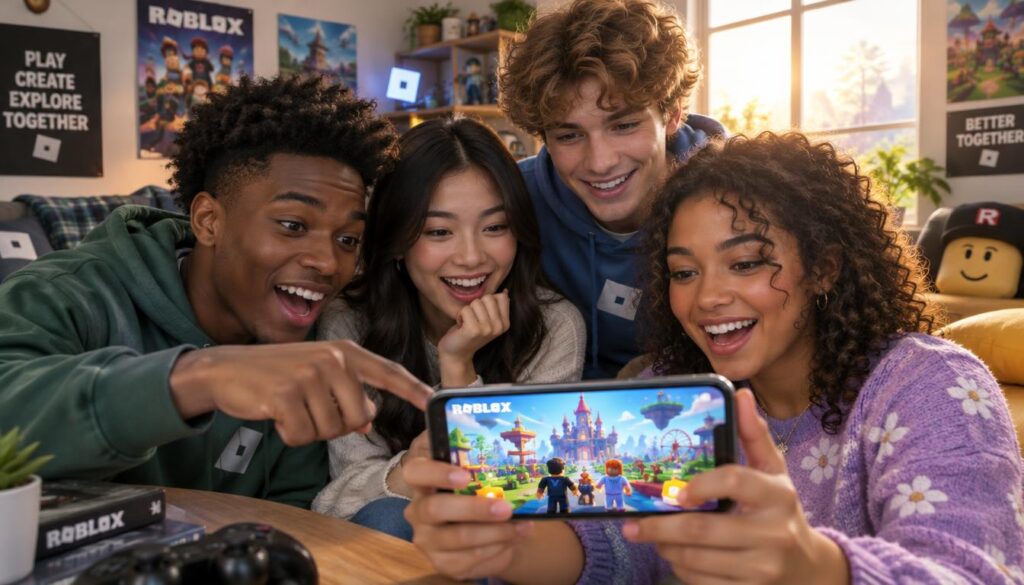 A group of diverse friends, two young men and two young women of different ethnicities, gathered around a smartphone, excitedly exploring user-created content in Roblox. In the foreground, the friends lean in closely, their expressions animated with joy and curiosity. One friend points at the screen, while another holds the phone, displaying a colorful, vibrant Roblox world with imaginative characters and structures. The middle ground features a cozy indoor setting, with soft lighting illuminating a comfortable living room, decorated with gaming posters and plush furniture. In the background, a large window lets in warm sunlight, casting a cheerful glow over the scene. The overall atmosphere is lively and engaging, capturing the essence of friendship and creativity in gaming. A group of diverse friends, two young men and two young women of different ethnicities, gathered around a smartphone, excitedly exploring user-created content in Roblox. In the foreground, the friends lean in closely, their expressions animated with joy and curiosity. One friend points at the screen, while another holds the phone, displaying a colorful, vibrant Roblox world with imaginative characters and structures. The middle ground features a cozy indoor setting, with soft lighting illuminating a comfortable living room, decorated with gaming posters and plush furniture. In the background, a large window lets in warm sunlight, casting a cheerful glow over the scene. The overall atmosphere is lively and engaging, capturing the essence of friendship and creativity in gaming.