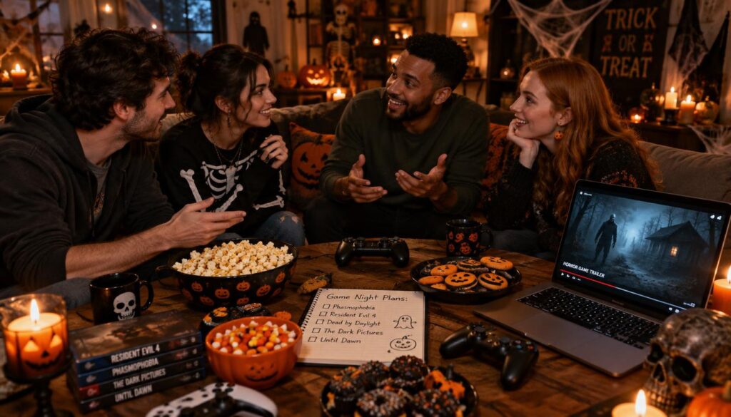 A group of four friends in a cozy living room, excitedly planning a Halloween horror game night. The foreground features a wooden table cluttered with Halloween-themed snacks, game controllers, and a laptop showing a horror game trailer. In the middle ground, the friends—two men and two women, dressed in casual but stylish clothing—are animatedly discussing game choices, their expressions filled with anticipation. The background reveals a dimly lit room decorated with spooky decorations like cobwebs, pumpkins, and flickering candles that cast eerie shadows. Soft, warm lighting creates an inviting yet mysterious atmosphere, accentuated by a camera angle that captures the lively interaction among the friends. The mood is festive yet spooky, perfectly capturing the essence of a thrilling Halloween night.