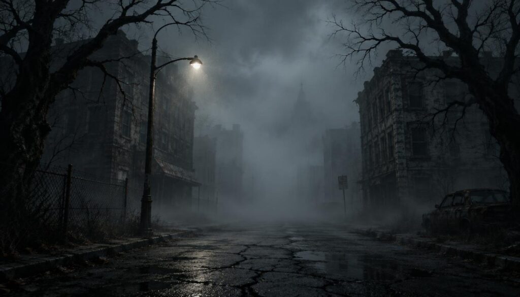 A hauntingly serene street shrouded in thick, swirling fog typical of psychological horror scenes, reminiscent of Silent Hill. In the foreground, a cracked pavement leading into the mist, with a single street lamp casting a dim, flickering light, creating eerie shadows. The middle ground features tall, dilapidated buildings with weathered facades, their windows dark and menacing, as if hiding secrets. Mysterious silhouettes of gnarled trees loom on either side, their branches reaching out like skeletal hands. In the background, the fog rolls heavily, obscuring any potential escape, enhancing the unsettling atmosphere. The overall lighting is dim and moody, with a cold color palette of grays and blues. The scene captures an unsettling calmness, invoking feelings of dread and anticipation, perfect for a horror-themed illustration. A hauntingly serene street shrouded in thick, swirling fog typical of psychological horror scenes, reminiscent of Silent Hill. In the foreground, a cracked pavement leading into the mist, with a single street lamp casting a dim, flickering light, creating eerie shadows. The middle ground features tall, dilapidated buildings with weathered facades, their windows dark and menacing, as if hiding secrets. Mysterious silhouettes of gnarled trees loom on either side, their branches reaching out like skeletal hands. In the background, the fog rolls heavily, obscuring any potential escape, enhancing the unsettling atmosphere. The overall lighting is dim and moody, with a cold color palette of grays and blues. The scene captures an unsettling calmness, invoking feelings of dread and anticipation, perfect for a horror-themed illustration.