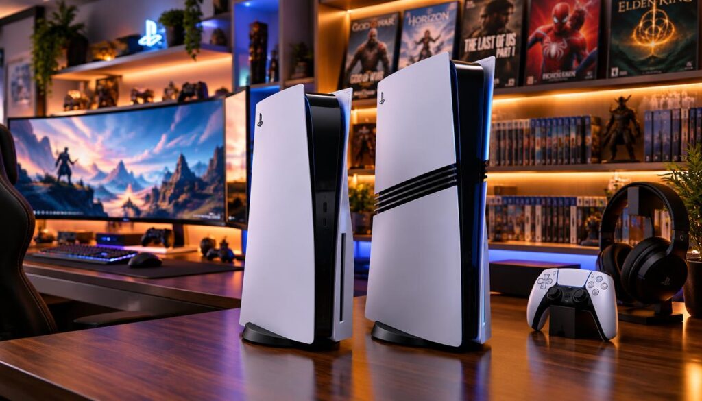 A high-quality image featuring the PlayStation 5 and PlayStation 5 Pro consoles prominently positioned side by side on a sleek gaming desk. The foreground highlights the consoles with a glossy finish, showcasing their elegant designs and distinctive characteristics. In the middle ground, include a modern gaming setup with a vibrant LED backlight that casts a soft glow, enhancing the aesthetic appeal. The background features a stylish game-themed wall or shelf lined with popular game titles to create an immersive atmosphere. The lighting should be warm and inviting, capturing the essence of a gamer’s paradise. The composition should be shot at a slight angle, emphasizing both consoles while maintaining clarity and focus. Aim for a cozy yet exciting mood, perfect for gaming enthusiasts. No text or overlay present in the image.