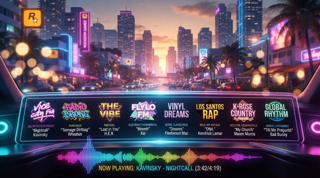 A high-resolution image depicting a vibrant digital landscape showcasing the distinct Rockstar Games radio stations and their current soundtrack statuses for GTA 6. In the foreground, feature artistic representations of various radio station logos, each styled uniquely to reflect their musical genres. The middle ground should include a dynamic audio visualization graphic, pulsating in sync with crescendos, perhaps in a colorful spectrum. The background captures a stylized urban cityscape at dusk, illuminating the scene with warm, neon lights. Employ a cinematic perspective, utilizing soft bokeh effects to highlight the radio station details while conveying a sense of excitement and nostalgia. The overall mood should be energetic and immersive, embodying the thrill of discovering new music in a beloved gaming universe. A high-resolution image depicting a vibrant digital landscape showcasing the distinct Rockstar Games radio stations and their current soundtrack statuses for GTA 6. In the foreground, feature artistic representations of various radio station logos, each styled uniquely to reflect their musical genres. The middle ground should include a dynamic audio visualization graphic, pulsating in sync with crescendos, perhaps in a colorful spectrum. The background captures a stylized urban cityscape at dusk, illuminating the scene with warm, neon lights. Employ a cinematic perspective, utilizing soft bokeh effects to highlight the radio station details while conveying a sense of excitement and nostalgia. The overall mood should be energetic and immersive, embodying the thrill of discovering new music in a beloved gaming universe.