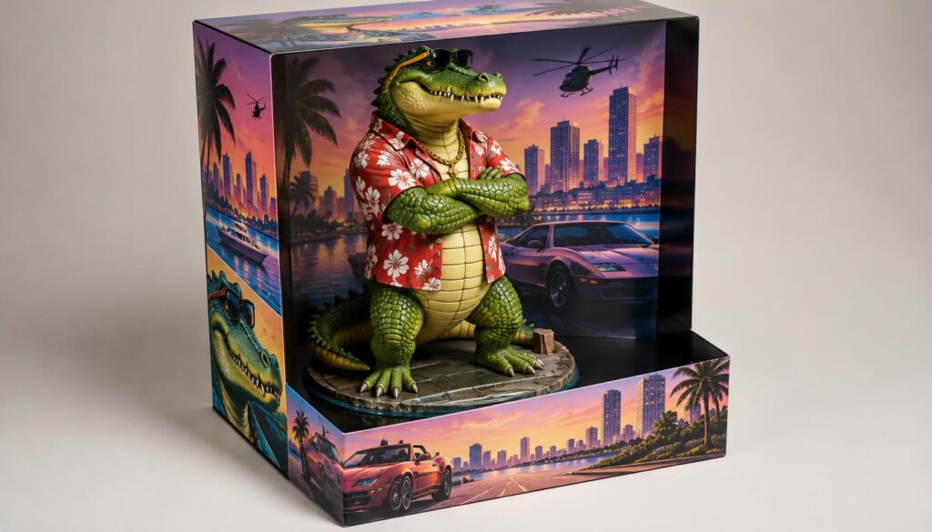 A highly detailed 3D figure of Macca the Gator, prominently featured in the center of a sleek, glossy GTA collector box. The collector box is adorned with vibrant artwork, showcasing elements from the game, including a stylized cityscape and iconic vehicles in the background. The lighting is soft yet dramatic, highlighting the figure's scales and expressions, casting subtle shadows that enhance its three-dimensionality. A slightly elevated angle captures the depth of the scene, emphasizing the collector box’s detailed texture and vibrant colors. The atmosphere is one of excitement and nostalgia, set in a clean, neutral backdrop to keep the focus on Macca and the collector’s box, creating a visually engaging composition without any text or distractions. A highly detailed 3D figure of Macca the Gator, prominently featured in the center of a sleek, glossy GTA collector box. The collector box is adorned with vibrant artwork, showcasing elements from the game, including a stylized cityscape and iconic vehicles in the background. The lighting is soft yet dramatic, highlighting the figure's scales and expressions, casting subtle shadows that enhance its three-dimensionality. A slightly elevated angle captures the depth of the scene, emphasizing the collector box’s detailed texture and vibrant colors. The atmosphere is one of excitement and nostalgia, set in a clean, neutral backdrop to keep the focus on Macca and the collector’s box, creating a visually engaging composition without any text or distractions.