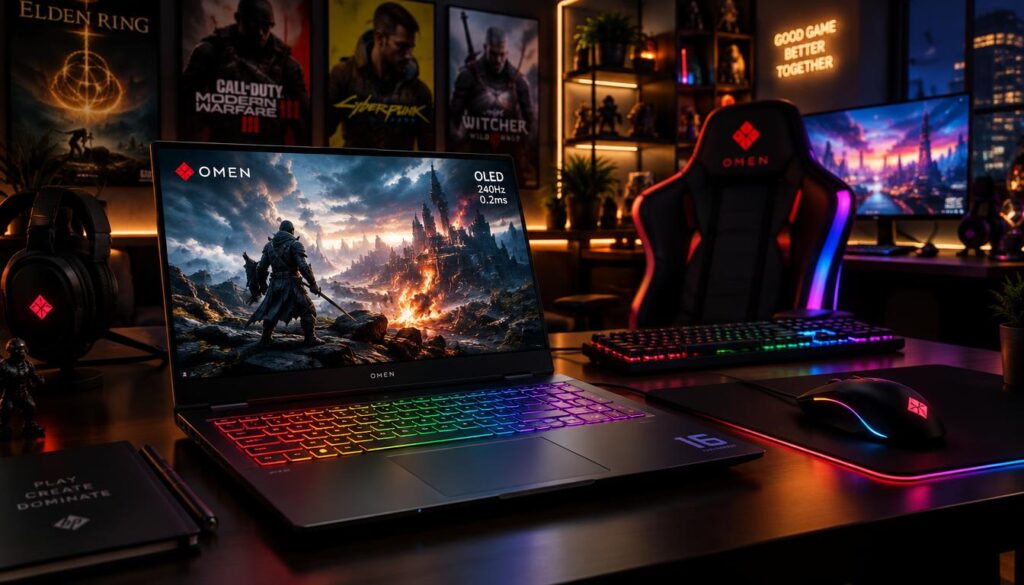 A highly detailed scene showcasing an HP Omen Max 16 laptop, prominently displayed in a stylish gaming setup. In the foreground, the laptop's sleek design features a glowing logo, brightly lit keyboard, and vibrant OLED screen showcasing a high-octane gaming scene. The middle ground includes an ergonomic gaming chair with RGB lighting, and a customizable gaming mouse and keyboard, accented by hints of ambient LED lighting. In the background, a dimly lit room with posters of popular games and a subtle glow from a gaming monitor enhances the atmosphere, creating an immersive gaming environment. The lighting is dramatic yet warm, casting gentle shadows, with an angle that emphasizes the depth and sophistication of the setup, evoking excitement and focus, perfect for a high-performance gaming experience.