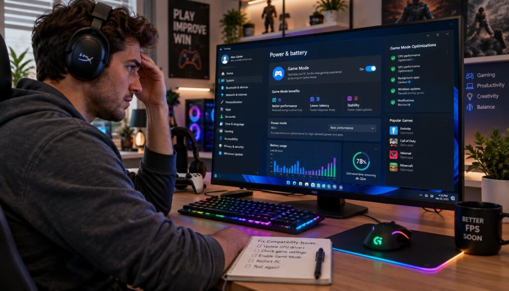 A modern, clean computer desk in a well-lit room showcases a sleek Windows 11 interface on a high-resolution monitor displaying power settings with an emphasis on Game Mode. In the foreground, a focused gamer, casually dressed in a comfortable yet professional outfit, is adjusting settings on their computer, looking slightly frustrated. The middle ground features a close-up of the monitor, highlighting colorful icons and graphs that suggest optimization options, while the background includes subtle hints of gaming gear, like a vibrant gaming mouse and keyboard. Soft ambient lighting creates a warm and immersive atmosphere, enhancing the sense of urgency to resolve compatibility issues. The scene reflects a bustling yet organized workspace conducive to gaming and productivity. A modern, clean computer desk in a well-lit room showcases a sleek Windows 11 interface on a high-resolution monitor displaying power settings with an emphasis on Game Mode. In the foreground, a focused gamer, casually dressed in a comfortable yet professional outfit, is adjusting settings on their computer, looking slightly frustrated. The middle ground features a close-up of the monitor, highlighting colorful icons and graphs that suggest optimization options, while the background includes subtle hints of gaming gear, like a vibrant gaming mouse and keyboard. Soft ambient lighting creates a warm and immersive atmosphere, enhancing the sense of urgency to resolve compatibility issues. The scene reflects a bustling yet organized workspace conducive to gaming and productivity.