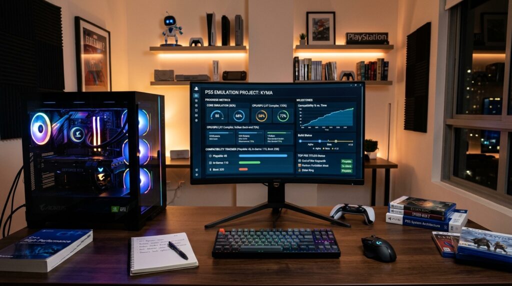 A modern computer workspace featuring a detailed digital dashboard displaying progress metrics and milestones of a PS5 emulation project. In the foreground, a sleek monitor stands out, showcasing graphs and timelines related to game compatibility. A powerful gaming PC, illuminated with vibrant RGB lighting, sits prominently to the side. The middle ground features a well-organized desk with technical manuals and game cases, hinting at various PS5 titles, while a notebook with handwritten notes adds a personal touch. The background consists of a minimalist home office with soft, warm lighting, and shelves filled with gaming memorabilia. The atmosphere is focused and productive, capturing the essence of technological advancement and innovation. A modern computer workspace featuring a detailed digital dashboard displaying progress metrics and milestones of a PS5 emulation project. In the foreground, a sleek monitor stands out, showcasing graphs and timelines related to game compatibility. A powerful gaming PC, illuminated with vibrant RGB lighting, sits prominently to the side. The middle ground features a well-organized desk with technical manuals and game cases, hinting at various PS5 titles, while a notebook with handwritten notes adds a personal touch. The background consists of a minimalist home office with soft, warm lighting, and shelves filled with gaming memorabilia. The atmosphere is focused and productive, capturing the essence of technological advancement and innovation.