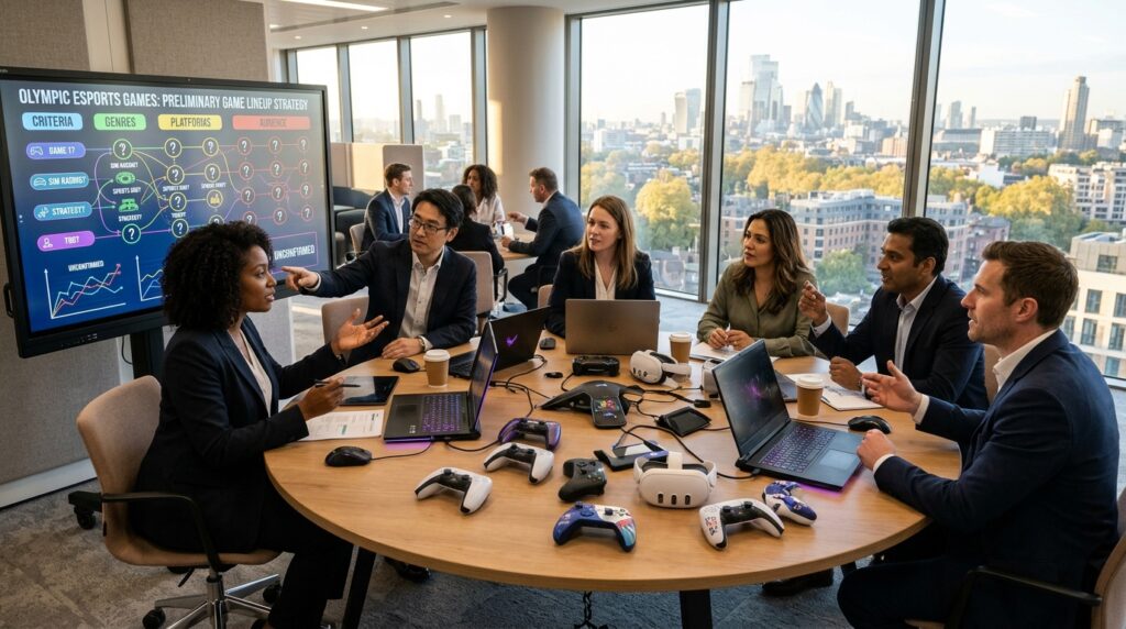 A modern conference room setting with a large round table, surrounded by professionals dressed in business attire, engaged in an animated discussion about the Olympic Esports Games. In the foreground, a diverse group of individuals, a mix of genders and ethnicities, are analyzing a large digital screen displaying a colorful brainstorming chart with question marks symbolizing an undecided game lineup. The middle ground features futuristic gaming equipment and prototypes scattered across the table. The background displays large windows with a panoramic city view, illuminated by warm sunlight, enhancing a collaborative and innovative atmosphere. The scene is well-lit, with soft overhead lighting, creating a professional yet dynamic mood, emphasizing the importance of planning for the upcoming event.