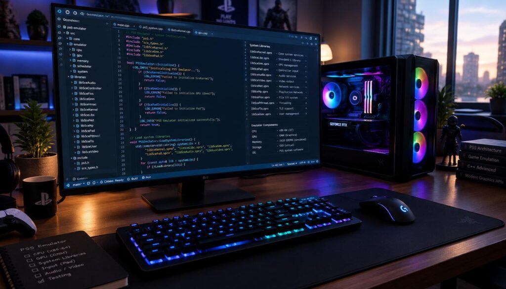 A modern desktop computer setup featuring a high-resolution monitor displaying lines of PS5 emulator code and system libraries clearly visible in a well-organized text editor interface. The foreground includes a sleek keyboard and mouse, with subtle glows from the keyboard backlight reflecting the high-tech environment. In the middle ground, a luminous computer tower can be seen, showcasing colorful RGB lighting. The background features a dimly lit room with ambient lighting that enhances a focused, sophisticated atmosphere, suggesting a tech-savvy workspace. The scene is captured from a slightly elevated angle to highlight the monitor’s content, with natural light filtering in from a nearby window, creating an inviting yet professional mood. A modern desktop computer setup featuring a high-resolution monitor displaying lines of PS5 emulator code and system libraries clearly visible in a well-organized text editor interface. The foreground includes a sleek keyboard and mouse, with subtle glows from the keyboard backlight reflecting the high-tech environment. In the middle ground, a luminous computer tower can be seen, showcasing colorful RGB lighting. The background features a dimly lit room with ambient lighting that enhances a focused, sophisticated atmosphere, suggesting a tech-savvy workspace. The scene is captured from a slightly elevated angle to highlight the monitor’s content, with natural light filtering in from a nearby window, creating an inviting yet professional mood.
