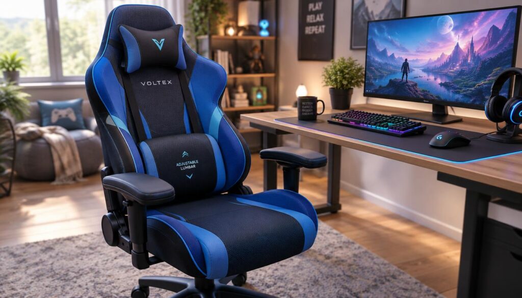 A modern gaming chair designed with adjustable lumbar support and relaxed arm placement features prominently in the foreground, showcasing the chair's ergonomic design. The chair is upholstered in high-quality, breathable fabric with vibrant colors, demonstrating a sleek, futuristic aesthetic. In the middle ground, a well-lit workspace reveals a stylish desk equipped with a gaming monitor, keyboard, and mouse, adding context to the chair’s usage. The background displays a soft-focus, inviting room with calming colors and gentle natural light filtering through a window, enhancing a cozy atmosphere. The composition is captured from a slightly elevated angle, emphasizing the chair’s features and inviting viewers to envision comfort and support during long gaming sessions. The mood is professional yet inviting, ideal for gamers seeking optimal ergonomics without compromising style. A modern gaming chair designed with adjustable lumbar support and relaxed arm placement features prominently in the foreground, showcasing the chair's ergonomic design. The chair is upholstered in high-quality, breathable fabric with vibrant colors, demonstrating a sleek, futuristic aesthetic. In the middle ground, a well-lit workspace reveals a stylish desk equipped with a gaming monitor, keyboard, and mouse, adding context to the chair’s usage. The background displays a soft-focus, inviting room with calming colors and gentle natural light filtering through a window, enhancing a cozy atmosphere. The composition is captured from a slightly elevated angle, emphasizing the chair’s features and inviting viewers to envision comfort and support during long gaming sessions. The mood is professional yet inviting, ideal for gamers seeking optimal ergonomics without compromising style.