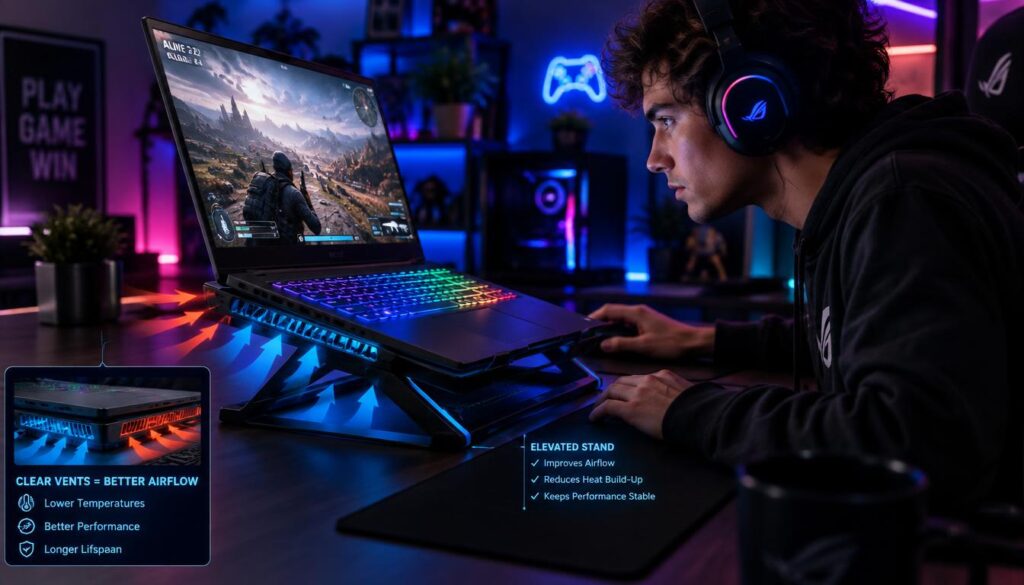 A modern gaming laptop rests on a sleek elevated stand, designed for optimal airflow. The laptop has vibrant RGB lighting illuminating its keyboard, showcasing an ongoing gaming session. In the foreground, a focused gamer in a casual, stylish outfit leans slightly forward, intensely engaged in the game. The background features a comfortable gaming setup with ambient LED lighting casting a soft glow, emphasizing a tech-savvy atmosphere. Clear vents on the laptop are highlighted to illustrate the importance of airflow in preventing overheating. The room is dimly lit, allowing the colors of the laptop and the player's expression to stand out, creating an energetic and immersive ambiance. The composition is shot at a slight angle, focusing on the laptop and the gamer, effectively conveying the critical relationship between laptop elevation and heat reduction during intense gaming sessions.