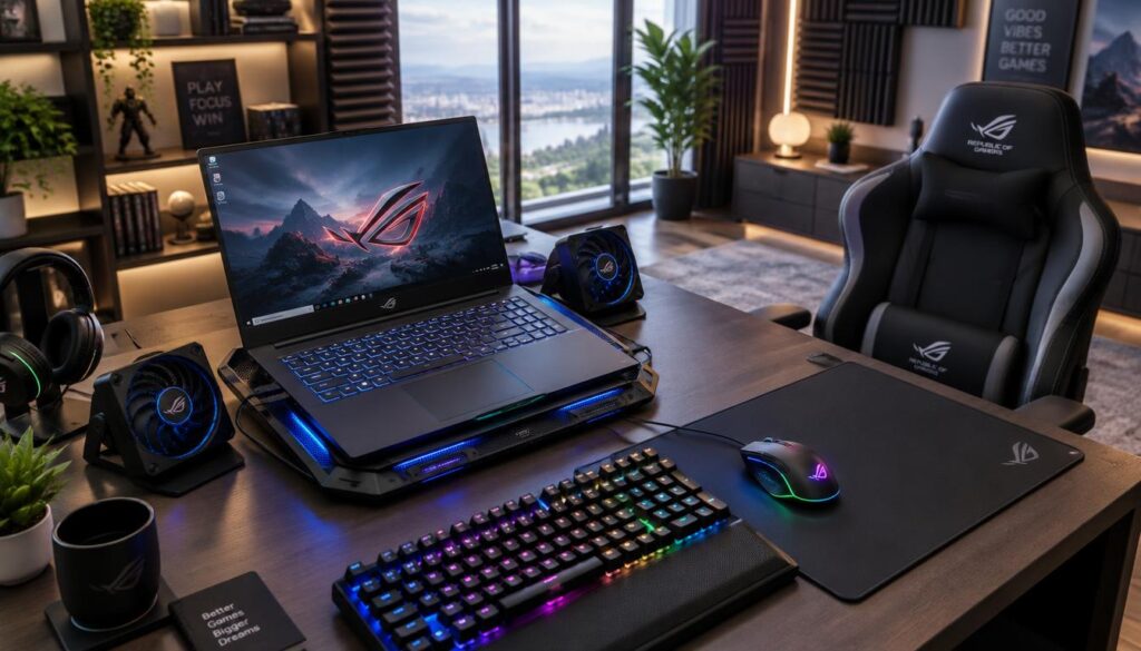 A modern gaming laptop sits prominently on a sleek desk, showcasing advanced cooling solutions such as a cooling pad and external fans. In the foreground, there are high-performance peripherals, including a mechanical keyboard and an RGB gaming mouse. The middle ground features a stylish, minimalist mousepad and a cozy gaming chair, enhancing the setup. In the background, the room is well-lit with soft, ambient lighting that creates a calm atmosphere, while large windows allow natural light to filter in, highlighting the controlled environment. The room's walls are lined with soundproofing panels, contributing to an optimal gaming experience. Capture the scene from a slight overhead angle to showcase both the laptop and the room's design, emphasizing a professional yet immersive gaming atmosphere.