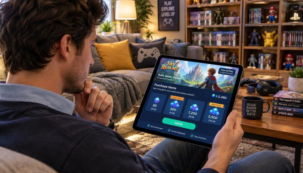 A modern, sleek gaming interface on a tablet, held by a focused young adult in professional casual attire, glancing thoughtfully at free-to-play purchase details before installing a mobile game. In the foreground, the tablet display shows colorful graphics and pricing options for in-game purchases, illuminated by a soft, warm light. The middle ground features a cozy living room setting with an inviting couch and gaming accessories, hinting at a relaxed gaming experience. In the background, a bookshelf filled with video game titles and memorabilia adds depth to the scene. The overall atmosphere is engaging and informative, capturing the anticipation and consideration players feel before investing in a mobile game. The lighting is bright yet soft, enhancing a sense of excitement and possibility. A modern, sleek gaming interface on a tablet, held by a focused young adult in professional casual attire, glancing thoughtfully at free-to-play purchase details before installing a mobile game. In the foreground, the tablet display shows colorful graphics and pricing options for in-game purchases, illuminated by a soft, warm light. The middle ground features a cozy living room setting with an inviting couch and gaming accessories, hinting at a relaxed gaming experience. In the background, a bookshelf filled with video game titles and memorabilia adds depth to the scene. The overall atmosphere is engaging and informative, capturing the anticipation and consideration players feel before investing in a mobile game. The lighting is bright yet soft, enhancing a sense of excitement and possibility.