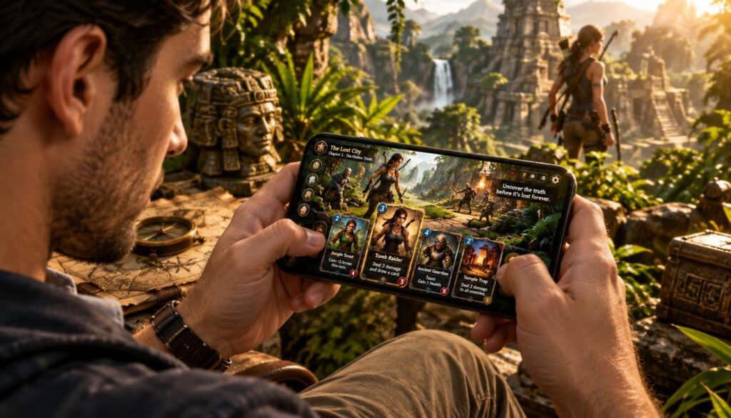 A modern smartphone displaying a vibrant card strategy game interface, featuring illustrated fantasy characters engaging in intense role-playing storylines. The screen shows detailed character cards with unique abilities, set against an action-packed Tomb Raider-inspired backdrop with ancient ruins and lush jungle. In the foreground, the phone is held by a person dressed in smart casual attire, their focused expression reflecting their engagement in the gameplay. The middle ground includes hints of archaeological artifacts and dynamic lighting effects that enhance the adventurous atmosphere. The background is filled with vivid greens and earth tones, creating a sense of immersion and excitement. The scene is illuminated by warm, dramatic lighting, emphasizing the intensity of the mobile gaming experience.