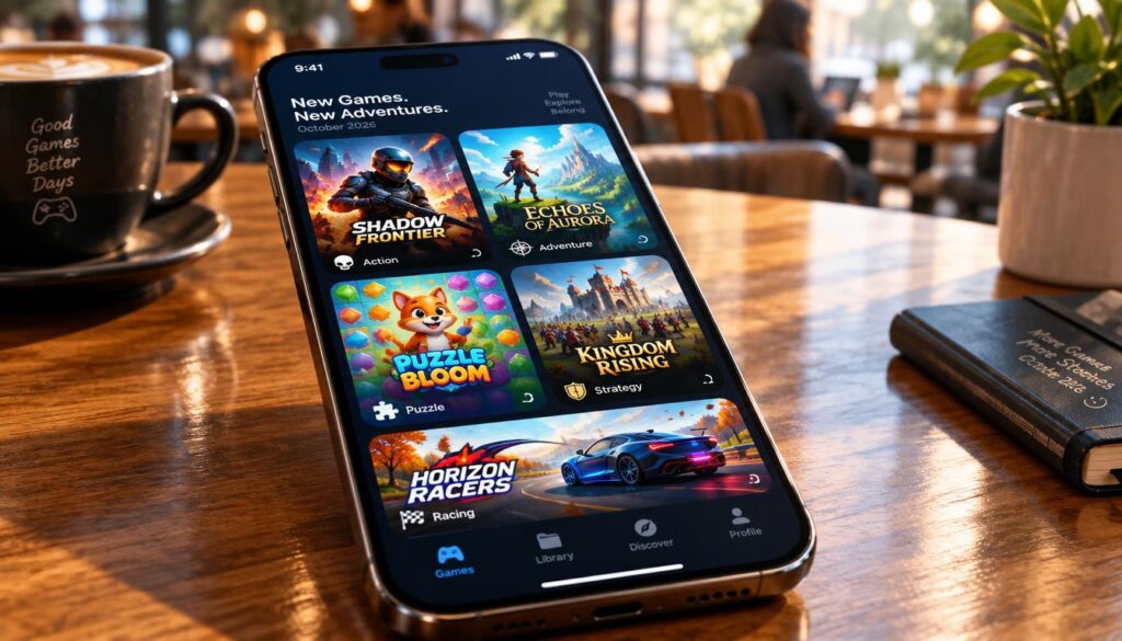A modern smartphone displaying five vibrant mobile game icons on its screen, showcasing a mix of genres such as action, adventure, puzzle, and strategy. The phone is angled slightly towards the viewer, resting on a sleek wooden table with subtle reflections on its surface. The background is softly blurred, hinting at a cozy café environment with warm lighting that creates an inviting atmosphere. Natural daylight filters in, casting gentle shadows around the phone, while stylized game art pops with color, emphasizing their unique themes. This image should evoke excitement for new gaming experiences, capturing the essence of what makes these games appealing to players in October 2026.