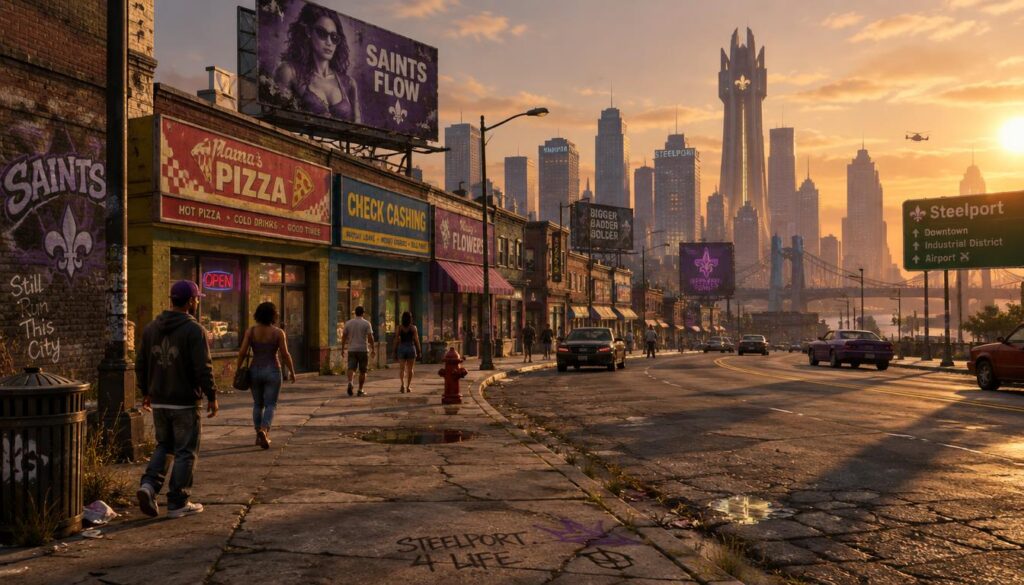 A nostalgic view of older Steelport streets showcasing the dated design of the third remastered game in the Saints Row series. In the foreground, cracked pavement with scattered graffiti hints at the city’s rough charm. A few modestly dressed pedestrians walk by, immersed in their surroundings. The middle ground features a blend of vibrant storefronts with slightly faded colors, reminiscent of early 2010s urban aesthetics. The background shows a sprawling skyline with distinctive, outdated architecture, bathed in the warm glow of a late afternoon sun. Soft shadows stretch across the street, evoking a sense of time gone by. The overall mood captures a blend of nostalgia and reflection on the passage of time, with a slight hint of urban decay. A nostalgic view of older Steelport streets showcasing the dated design of the third remastered game in the Saints Row series. In the foreground, cracked pavement with scattered graffiti hints at the city’s rough charm. A few modestly dressed pedestrians walk by, immersed in their surroundings. The middle ground features a blend of vibrant storefronts with slightly faded colors, reminiscent of early 2010s urban aesthetics. The background shows a sprawling skyline with distinctive, outdated architecture, bathed in the warm glow of a late afternoon sun. Soft shadows stretch across the street, evoking a sense of time gone by. The overall mood captures a blend of nostalgia and reflection on the passage of time, with a slight hint of urban decay.