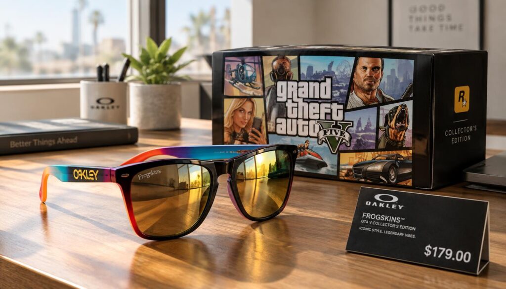 A pair of stylish Oakley Frogskins sunglasses is featured prominently in the foreground, reflecting light with a glossy finish that highlights their vibrant colors. The lenses are slightly tinted, capturing the essence of a sunny day. Beside the sunglasses, the GTA collector's box is presented, showcasing its sleek design, rich colors, and intricate details. Price details are displayed elegantly, ensuring they are easily viewable, yet seamlessly integrated into the composition. The middle ground has a softly blurred texture to evoke a sense of depth, while the background features a minimalist desk setup with a neutral color palette, allowing the items to stand out. Natural light pours in from a window, creating a warm and inviting atmosphere, perfect for a collector's showcase. A pair of stylish Oakley Frogskins sunglasses is featured prominently in the foreground, reflecting light with a glossy finish that highlights their vibrant colors. The lenses are slightly tinted, capturing the essence of a sunny day. Beside the sunglasses, the GTA collector's box is presented, showcasing its sleek design, rich colors, and intricate details. Price details are displayed elegantly, ensuring they are easily viewable, yet seamlessly integrated into the composition. The middle ground has a softly blurred texture to evoke a sense of depth, while the background features a minimalist desk setup with a neutral color palette, allowing the items to stand out. Natural light pours in from a window, creating a warm and inviting atmosphere, perfect for a collector's showcase.