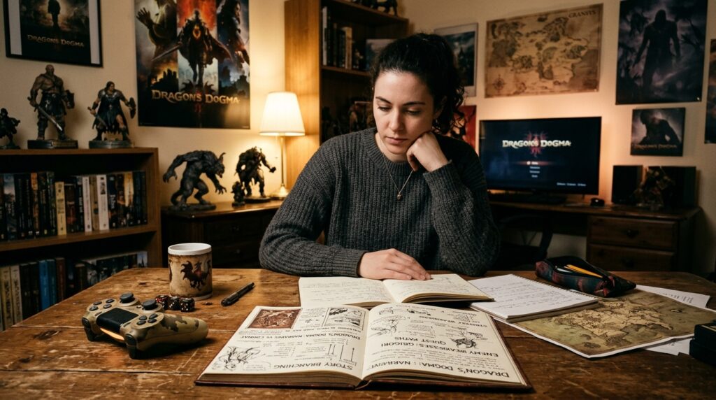 A player sits at a rustic wooden table, intently weighing various elements of story and combat in Dragon's Dogma. In the foreground, an open notebook filled with beautifully illustrated diagrams and annotations lies next to a vintage game controller, hinting at a deep strategy session. The middle layer features the player, a young adult dressed in comfortable yet professional attire, thoughtfully analyzing notes with an expression of focus and determination. In the background, a dimly lit room filled with fantasy-themed memorabilia—posters, figurines, and bookshelves—creates an immersive atmosphere. Soft, ambient lighting fills the space, casting gentle shadows that highlight the player's engaging environment. The overall mood is contemplative and focused, capturing the essence of weighing the deep narrative and exciting combat of the game.