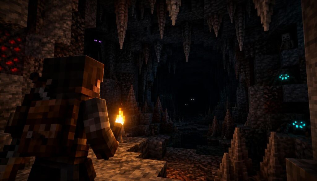 A player stands at the forefront of a dimly lit, eerie cave in a horror-themed Minecraft world, weighing the threats lurking in the shadows. The character, dressed in rugged survival gear with a faint glow from a torch, peers into the darkness, steeling their resolve. In the middle ground, the walls are textured with jagged rocks and ominous stalactites, casting unsettling shadows that suggest movement. Spooky, faintly glowing creatures can be seen lurking in the corners, amplifying the tension. The background features a deep, dark tunnel that fades into an ominous void. The lighting is dim and atmospheric, accentuated by the soft flicker of the torch. The entire scene conveys a tense and suspenseful mood, perfect for capturing the essence of survival horror in a Minecraft setting.