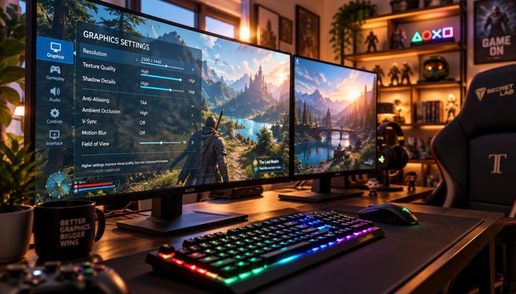 A professional gaming setup in a cozy, well-lit room, focusing on a dual-monitor display. In the foreground, a detailed close-up of a computer monitor showing an in-game graphics settings menu, featuring sliders for resolution, texture quality, and shadow details. The menu is semi-transparent, allowing the vibrant gameplay behind it to shine through. In the middle, the sleek gaming keyboard is illuminated with RGB lighting, reflecting a high-tech atmosphere. The background includes a stylish gaming chair and shelves adorned with gaming memorabilia, creating an immersive ambiance. Soft, warm lighting enhances the scene, while a slight lens flare gives a dynamic feel, emphasizing the importance of optimizing graphics for better performance. The overall mood conveys focus and determination, appealing to gamers seeking to enhance their experience.