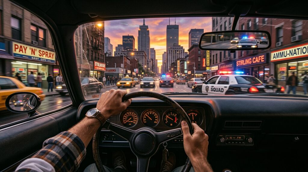 A retro-inspired scene depicting earlier Grand Theft Auto games with a unique first-person perspective. In the foreground, a character in modest casual clothing is seen gripping the steering wheel of a classic muscle car, showcasing the intense focus and thrill of the chase. The middle ground features an urban landscape reminiscent of the late '90s, complete with iconic skyscrapers and streetlights casting a warm, nostalgic glow. In the background, a vibrant sunset casts an orange and purple hue over the city skyline, creating an immersive atmosphere. The image should be shot from a first-person view, resembling a dynamic driving experience, with details that evoke a sense of excitement and nostalgia, while maintaining a clean, organized composition. A retro-inspired scene depicting earlier Grand Theft Auto games with a unique first-person perspective. In the foreground, a character in modest casual clothing is seen gripping the steering wheel of a classic muscle car, showcasing the intense focus and thrill of the chase. The middle ground features an urban landscape reminiscent of the late '90s, complete with iconic skyscrapers and streetlights casting a warm, nostalgic glow. In the background, a vibrant sunset casts an orange and purple hue over the city skyline, creating an immersive atmosphere. The image should be shot from a first-person view, resembling a dynamic driving experience, with details that evoke a sense of excitement and nostalgia, while maintaining a clean, organized composition.