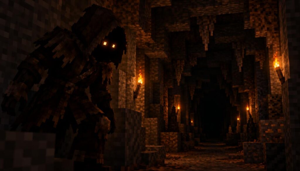 A shadowy cave dweller stalks quietly near the entrance of a dark Minecraft tunnel, its silhouette menacing against the flickering light of torches embedded in the rough stone walls. The foreground features the cave dweller, clad in tattered leather armor, with a hood obscuring its face, eyes glowing ominously in the dim light. In the middle ground, the dark tunnel beckons with an eerie allure, its jagged rock formations creating a sense of depth and danger. The background fades into impenetrable darkness, heightening the suspense. The scene is illuminated with a dim, orange glow that casts long shadows, creating a tense and foreboding atmosphere. The angle is slightly low, emphasizing the cave dweller's ominous presence as it waits, ready to ambush.