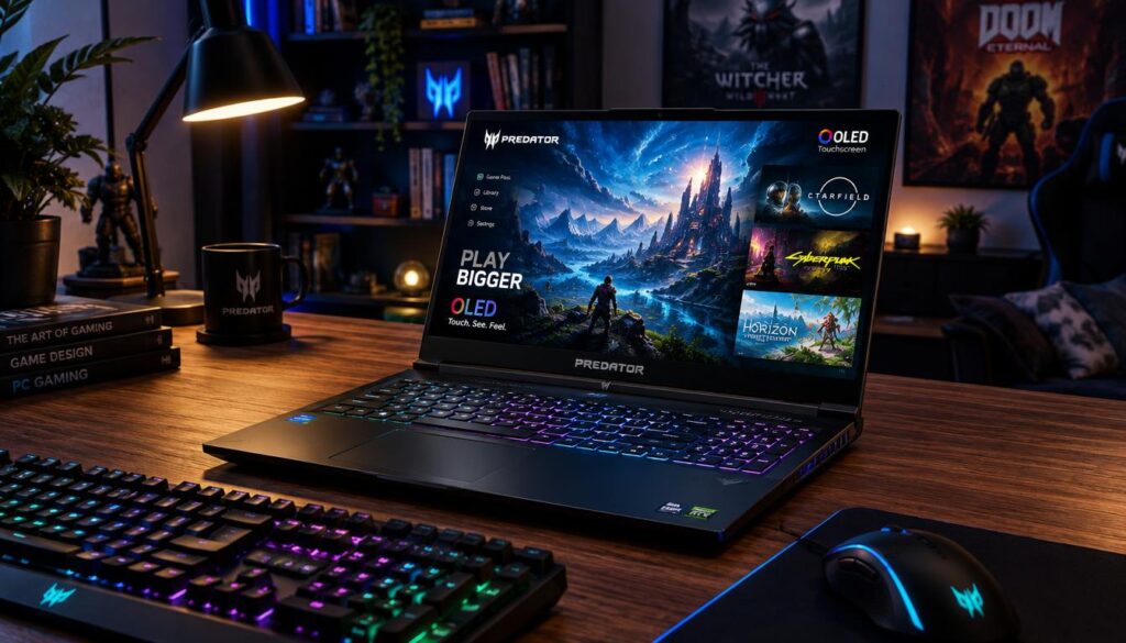 A sleek Acer Predator gaming laptop with an OLED touchscreen is prominently displayed on a modern wooden desk. The laptop is open, showcasing a vibrant gaming interface vividly illuminated by the screen's deep blacks and striking colors. In the foreground, a gaming mouse and a mechanical keyboard, both subtly backlit, complement the tech setup. In the middle ground, a stylish desk lamp casts a soft glow, creating a cozy yet high-tech atmosphere. The background features a dimly lit room with a bookshelf and gaming posters, enhancing the immersive gaming environment. The overall mood is dynamic and inviting, suggesting a perfect space for gaming enthusiasts. The perspective is slightly angled from above, capturing both the laptop and its accessories in detail, with a soft focus on the background for depth.